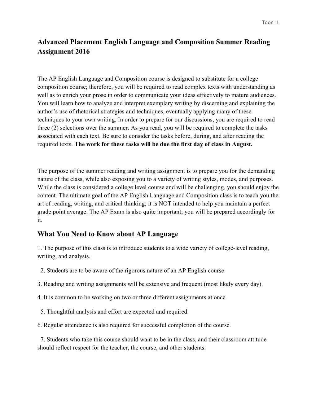 Advanced Placement English Language and Composition Summer Reading Assignment 2016