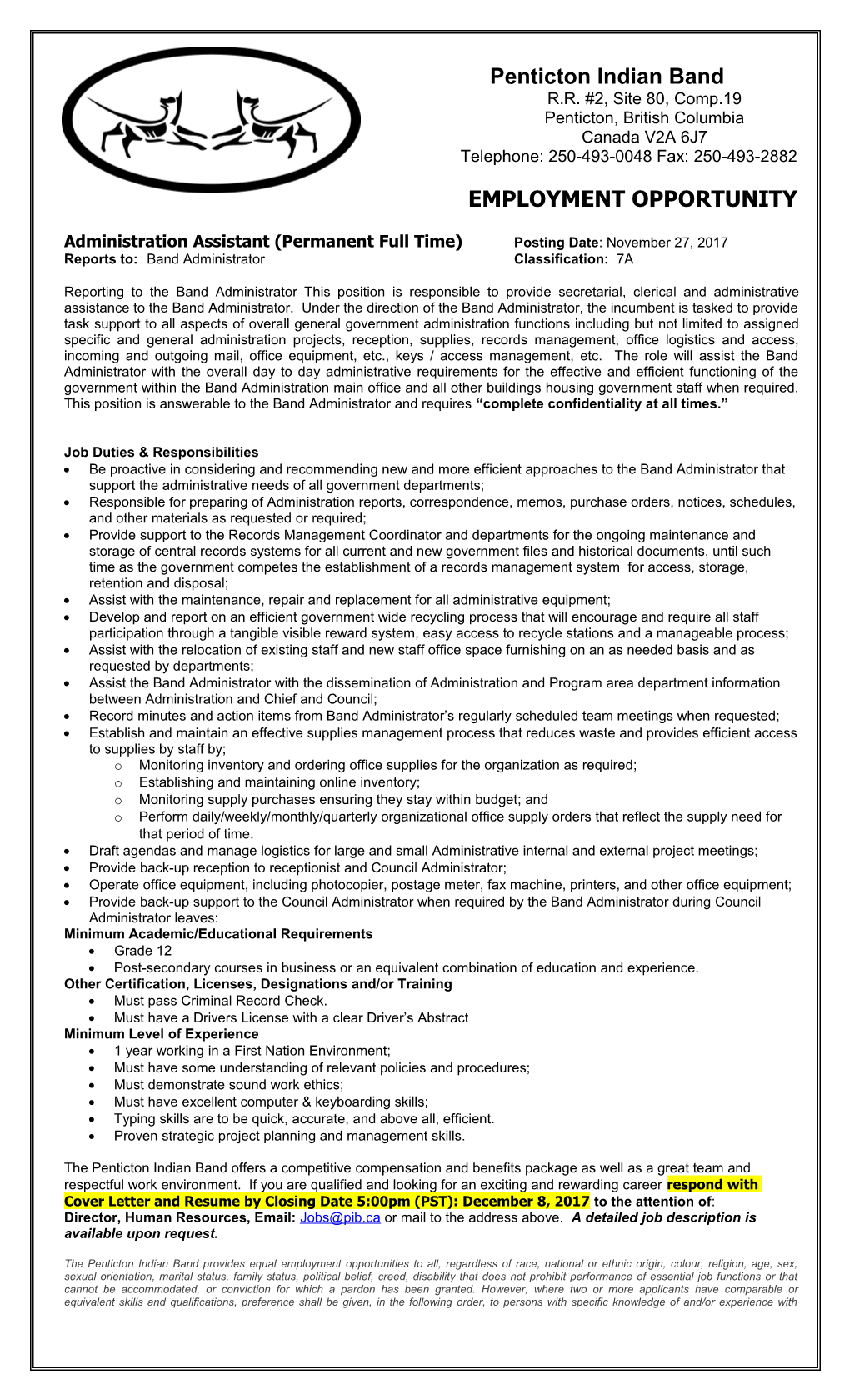 Asset Control Assistant (Full Time Term Position to August 17, 2007)