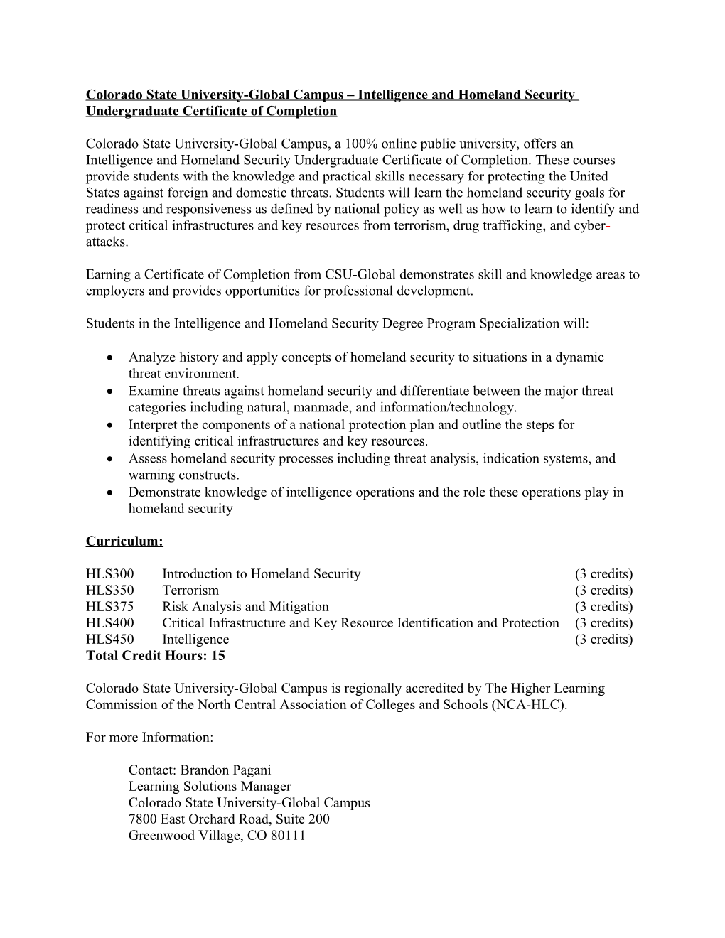 Colorado State University-Global Campus Intelligence and Homeland Security Undergraduate