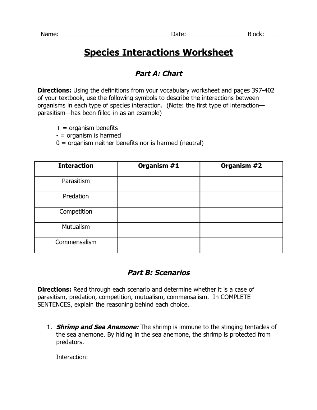 Species Interactions Worksheet