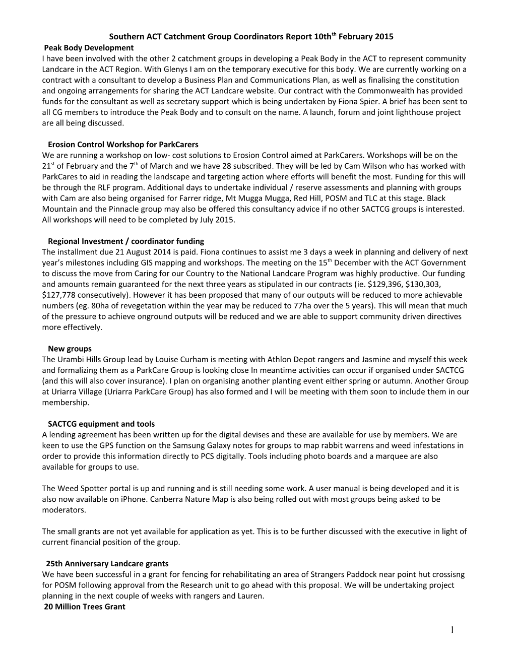 Southern ACT Catchment Group Coordinators Report 10Ththfebruary 2015