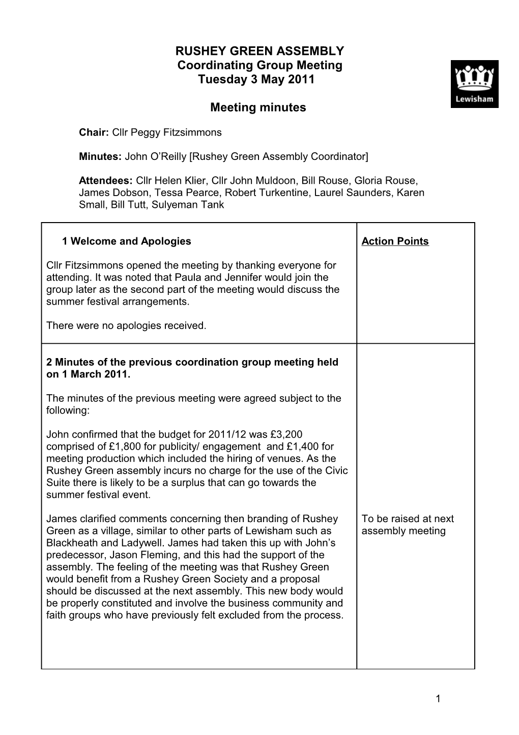 Rushey Green Coordinating Group Meeting 03 May 2011 Minutes