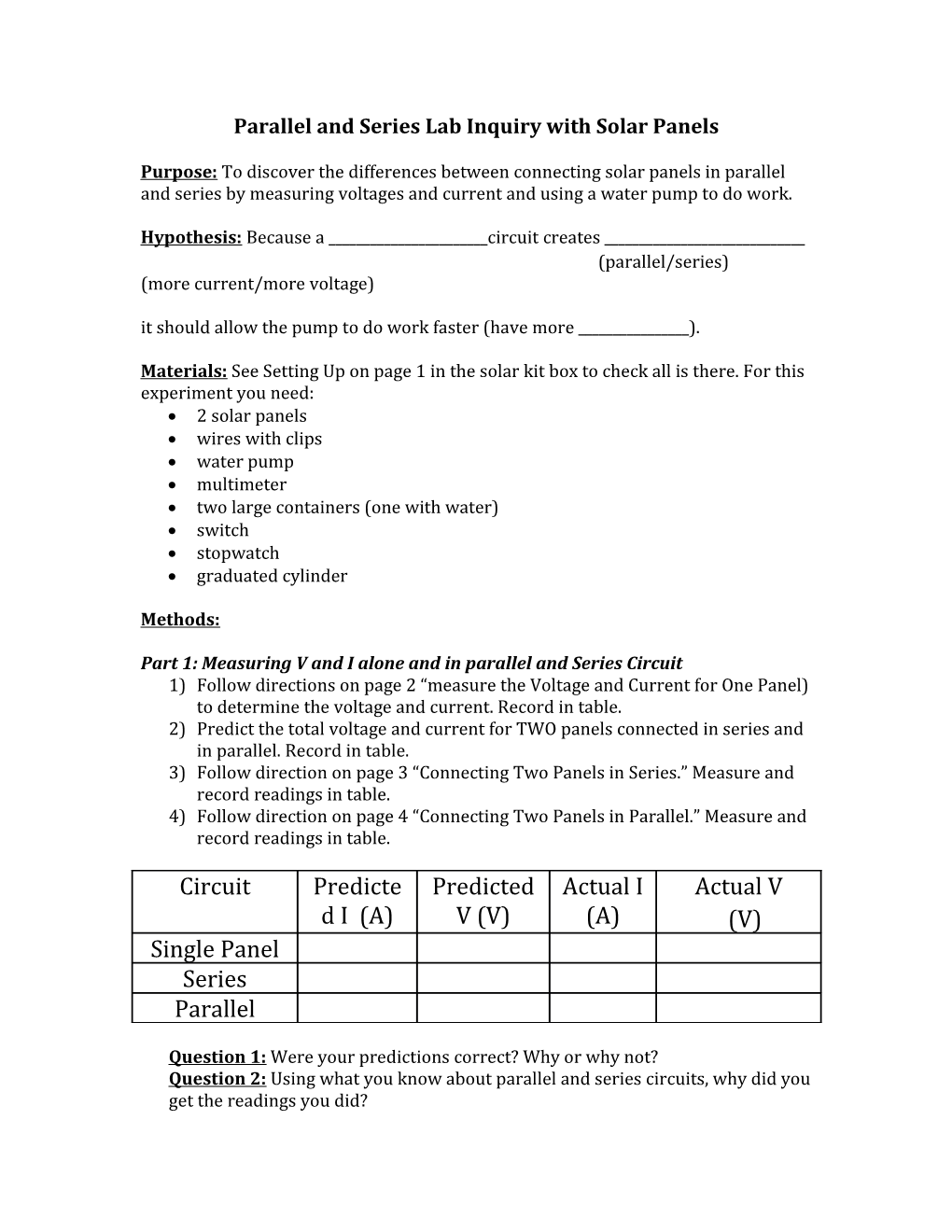 Parallel and Series Lab Inquiry with Solar Panels