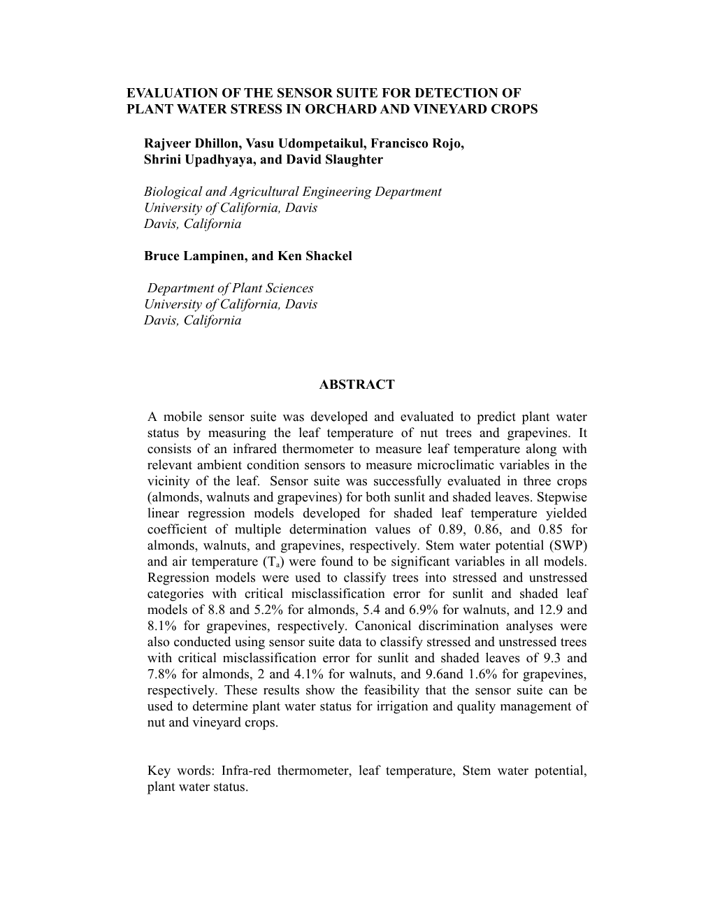 Evaluation of the Sensor Suite for Detection of Plant Water Stress in Orchard and Vineyard