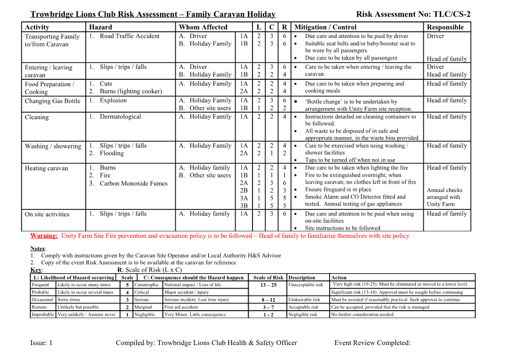 Trowbridge Lions Club Risk Assessment Family Caravan Holidayrisk Assessment No: TLC/CS-2