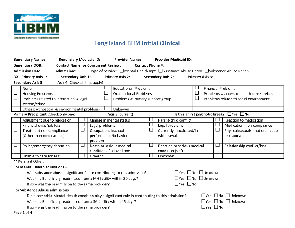 Long Island BHM Initial Clinical