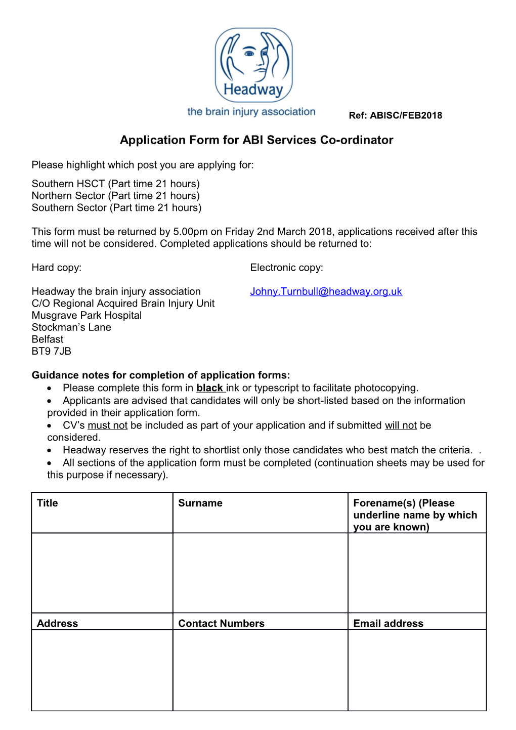 Application Formfor ABI Services Co-Ordinator