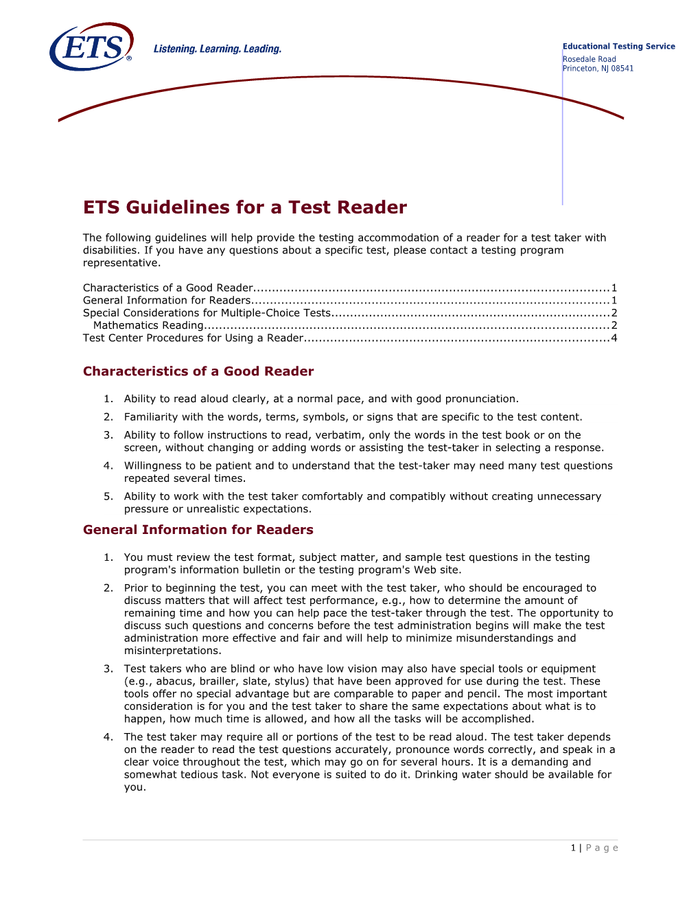 ETS Guidelines for a Test Reader