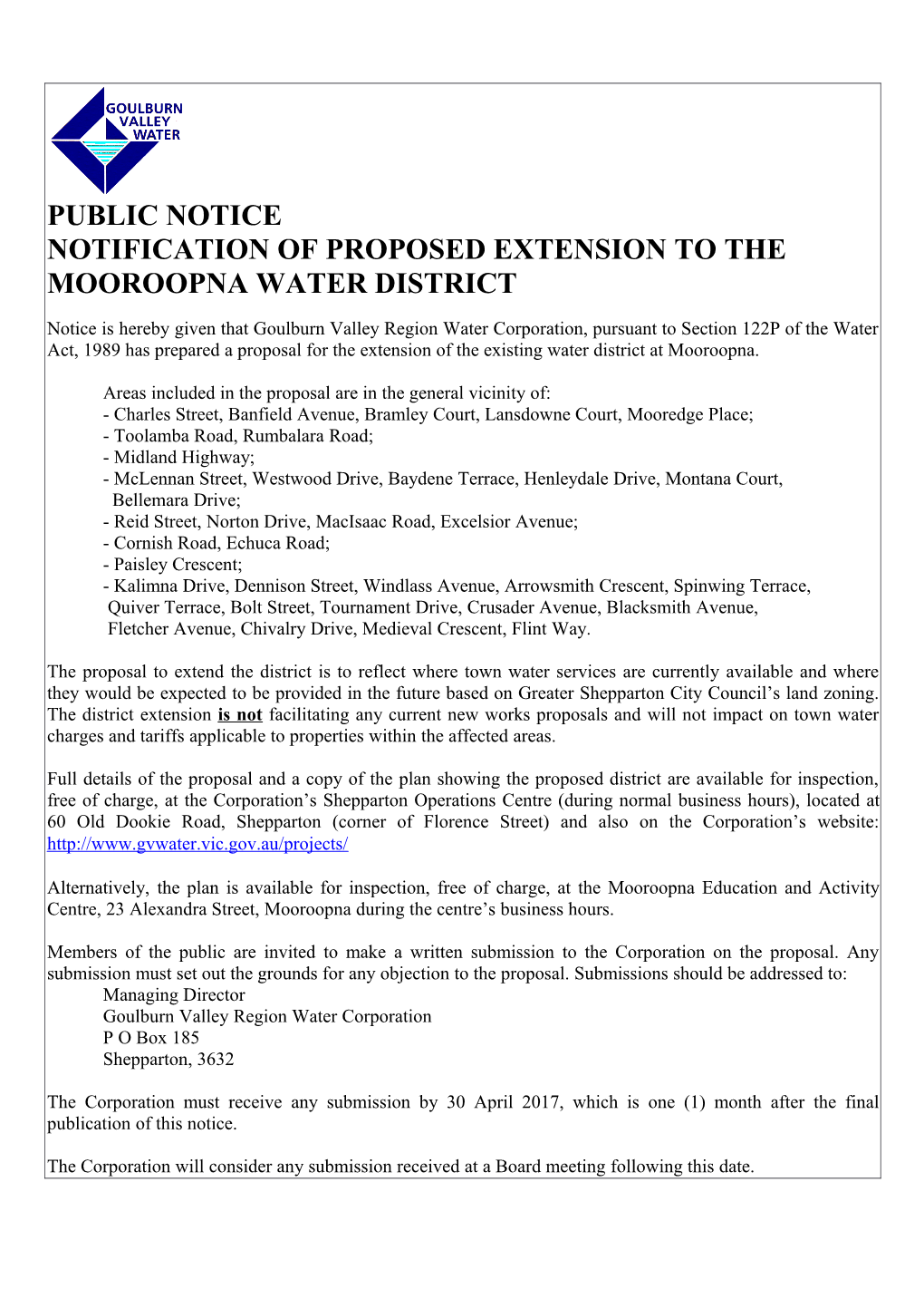 Notification of Proposed Extensionto the Mooroopnawater District