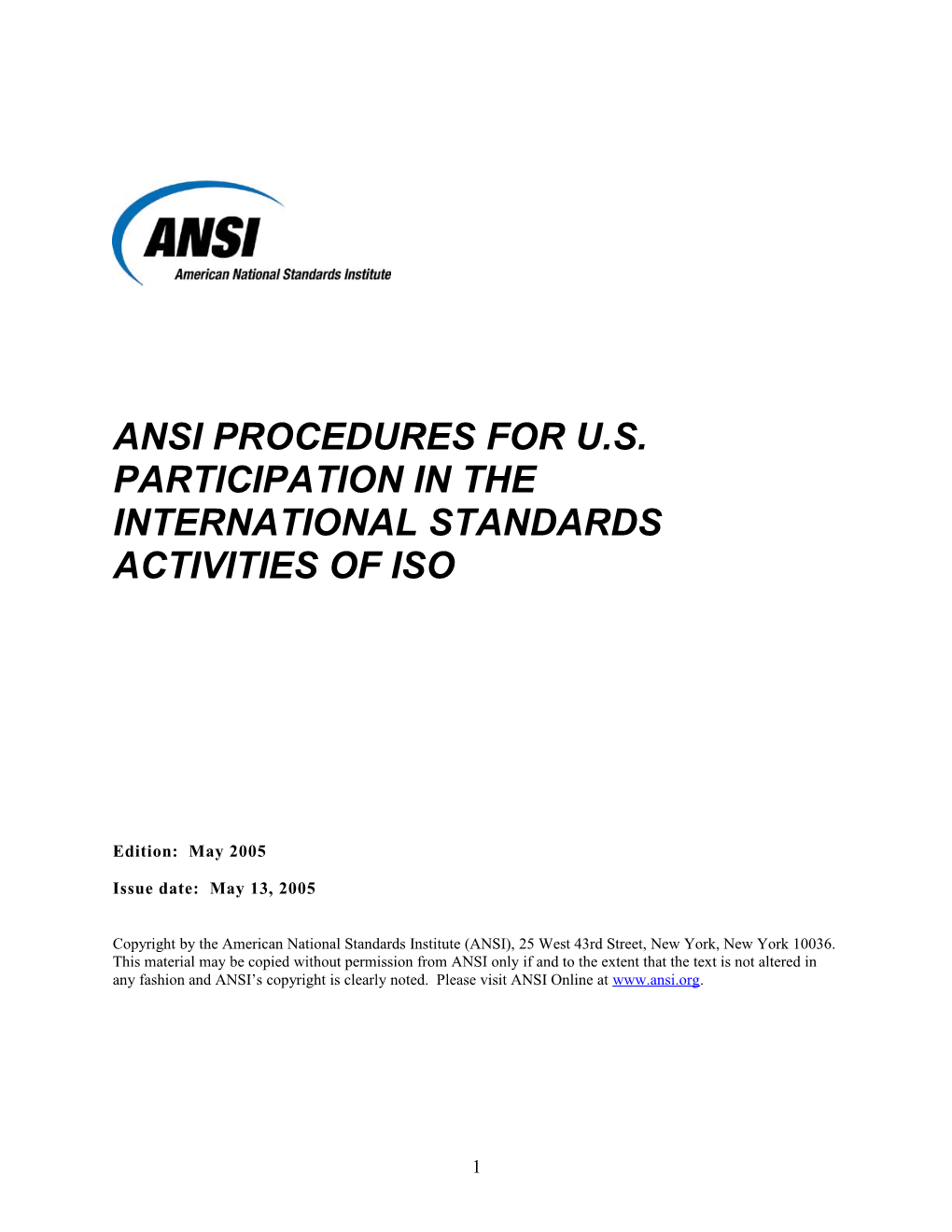 ANSI Procedures for U.S. Participation in the International Standards Activities of ISO