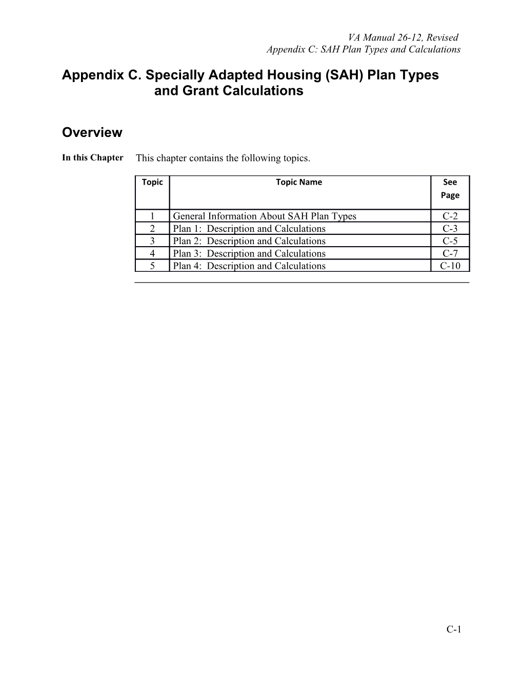 Appendix C. Specially Adapted Housing (SAH) Plan Types and Grant Calculations