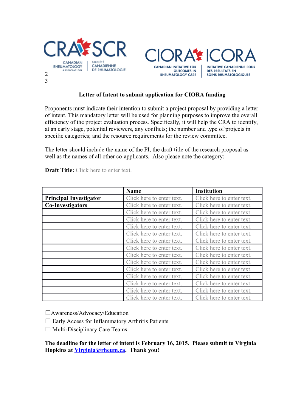 Letter of Intent to Submit Application for CIORA Funding