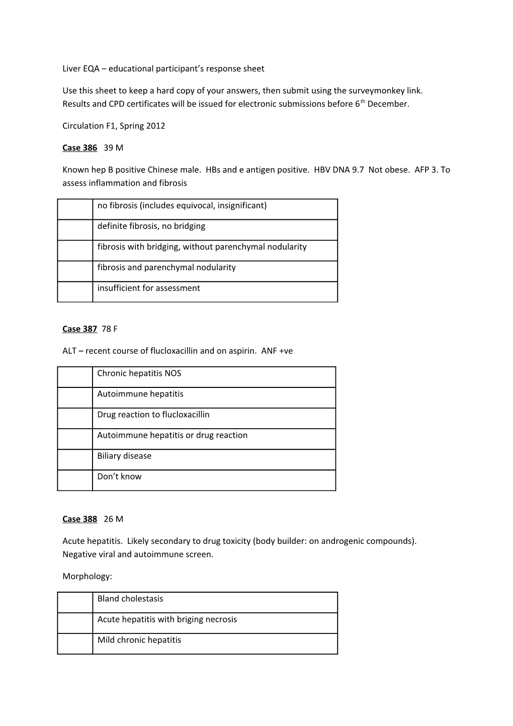Liver EQA Educational Participant S Response Sheet