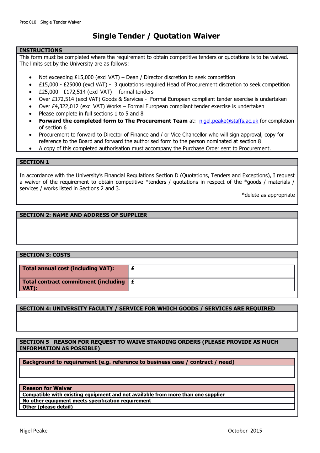 Proc 010: Single Tender Waiver