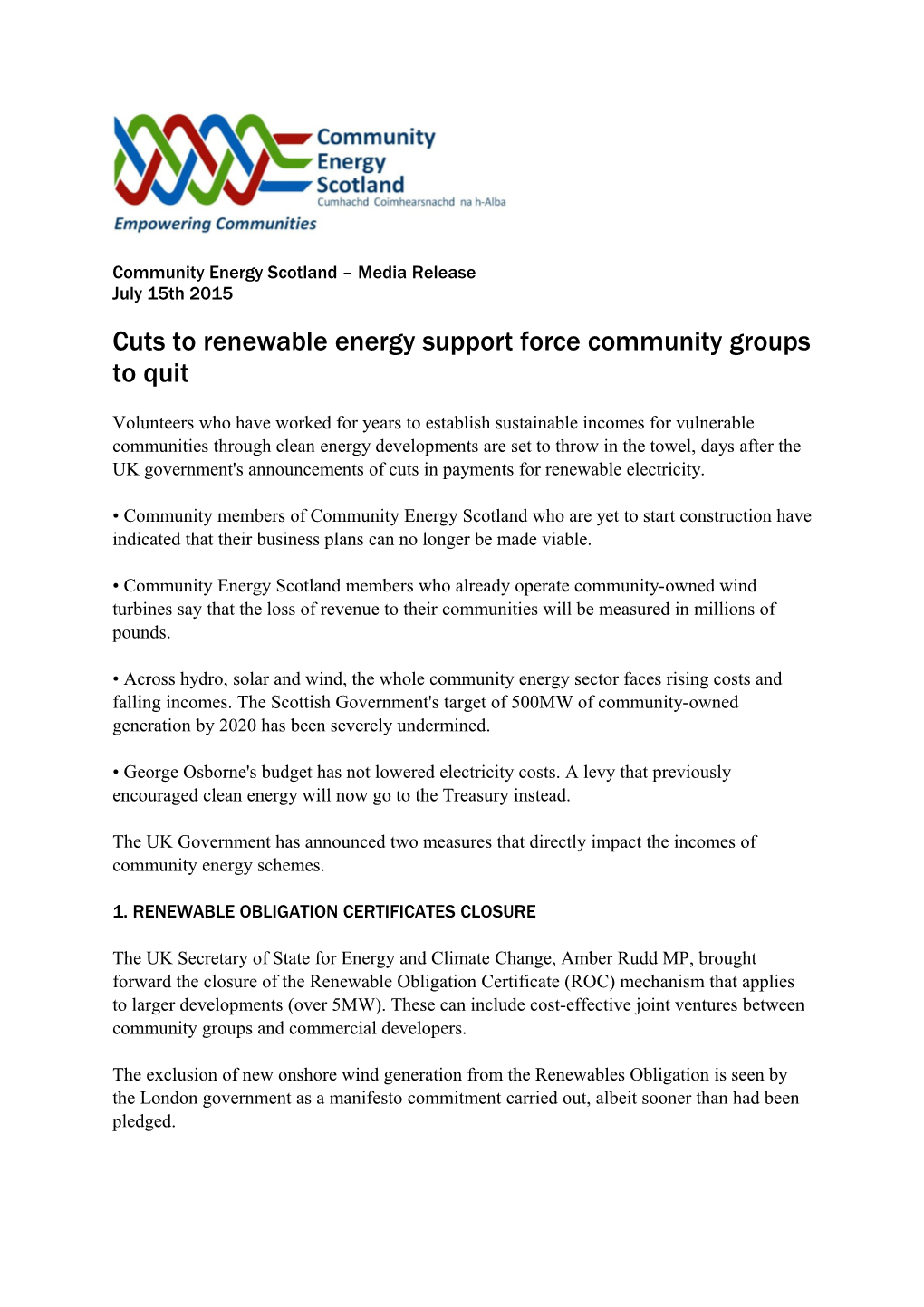 Community Energy Scotland Media Release