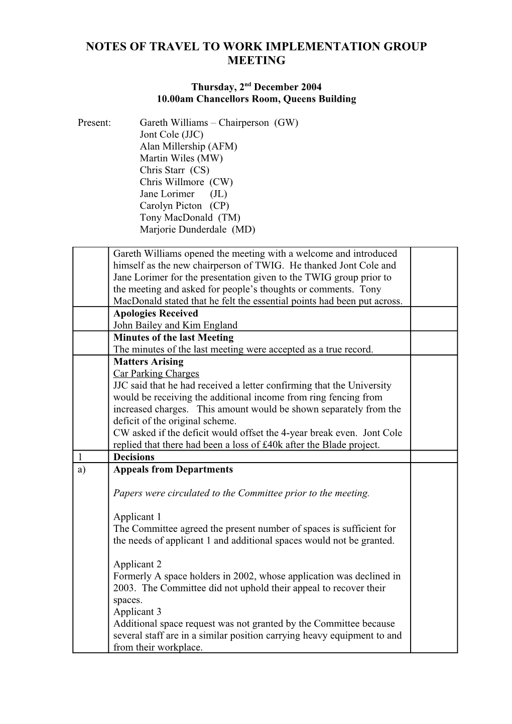 Notes of Travel to Work Implementation Group Meeting