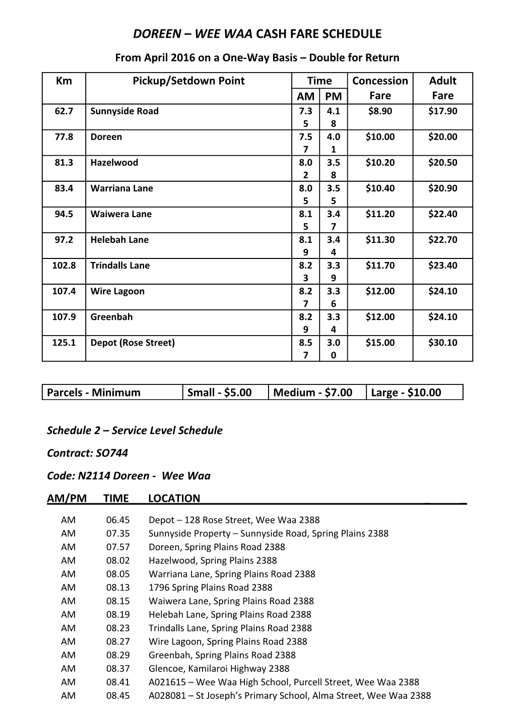 Doreen Wee Waa Cash Fare Schedule