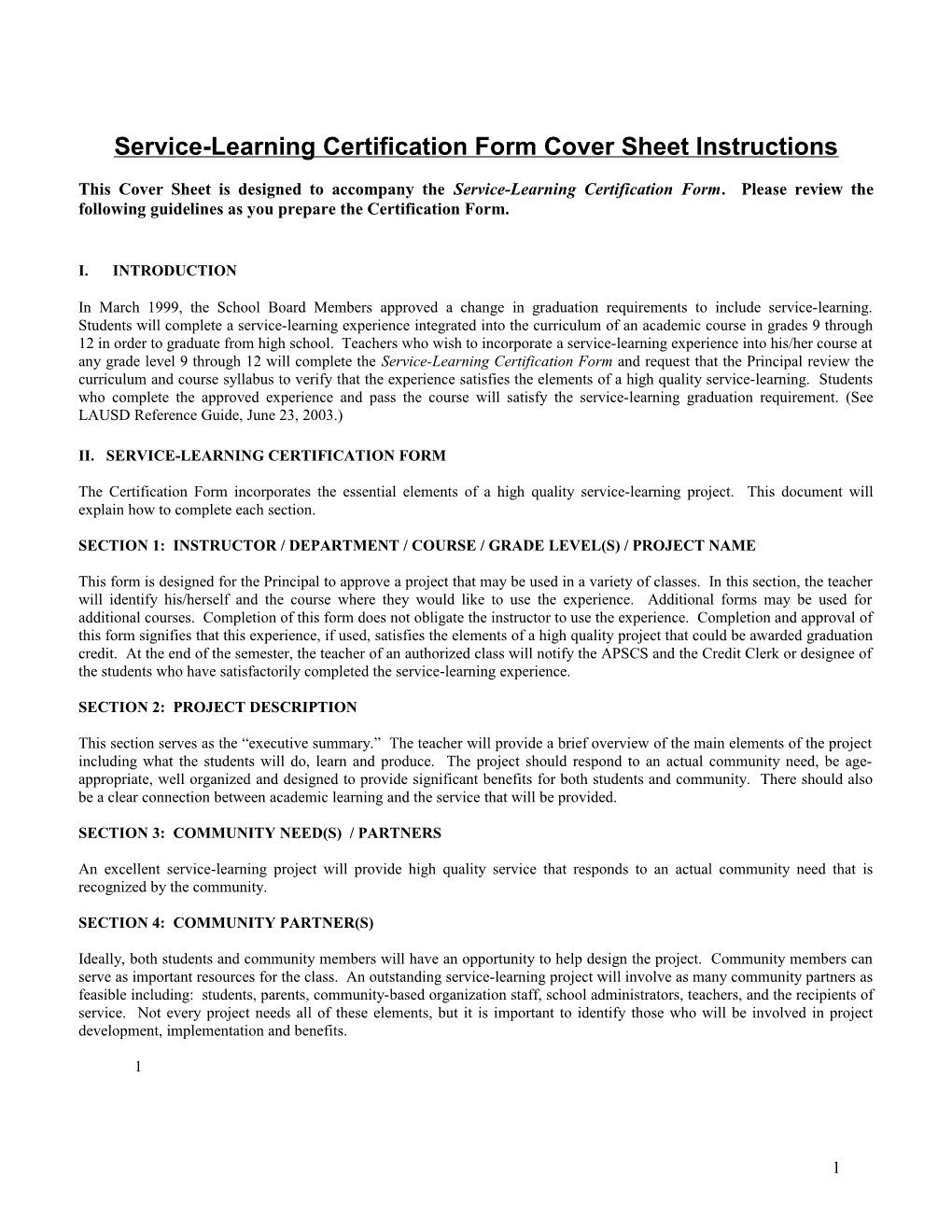 Service-Learning Certification Form Cover Sheet Instructions
