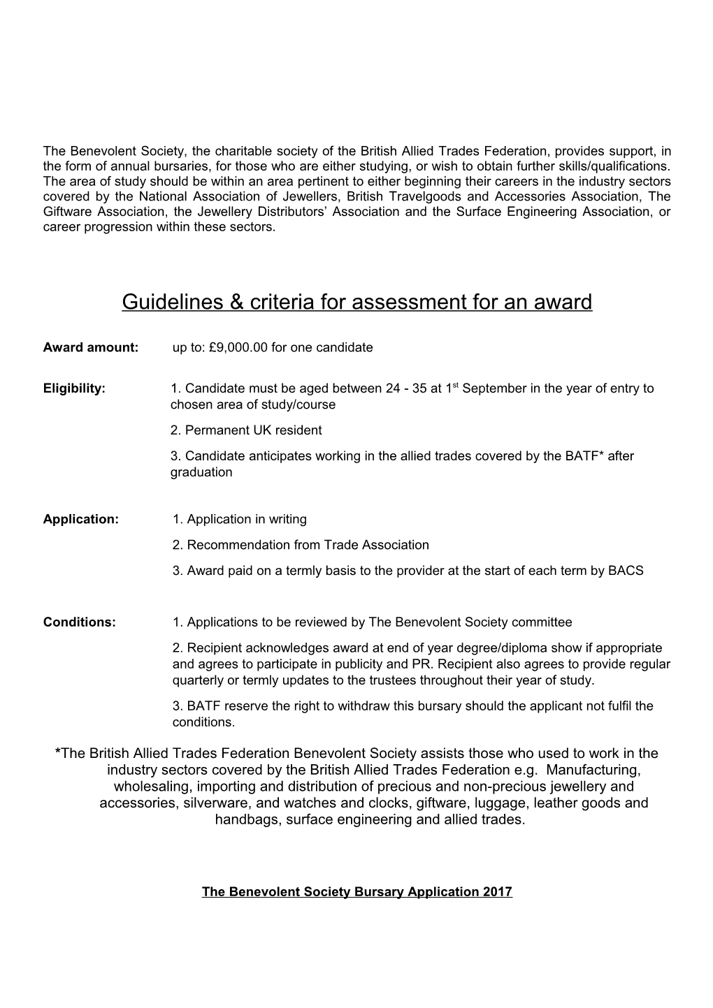 Guidelines & Criteria for Assessment for an Award
