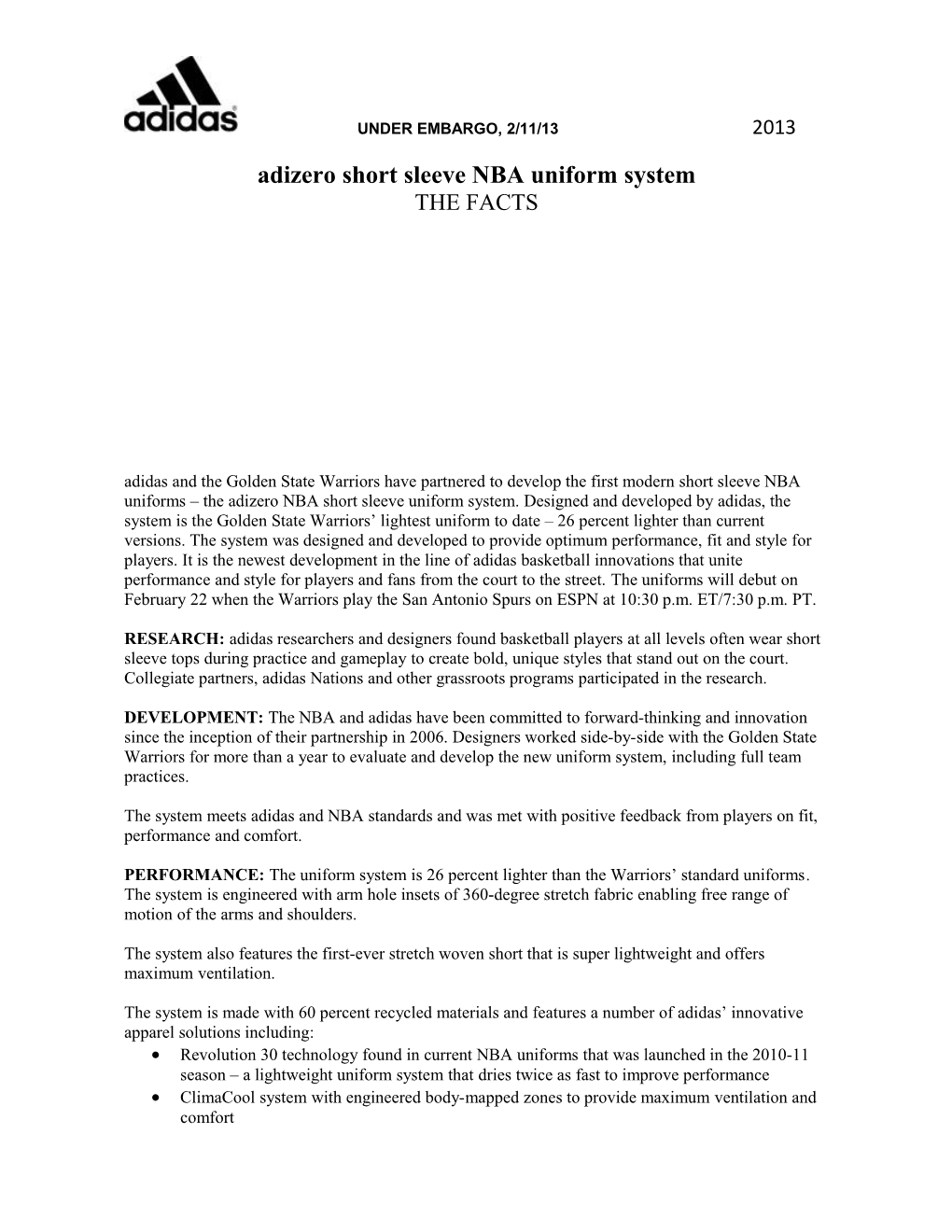 Adizero Short Sleeve NBA Uniform System