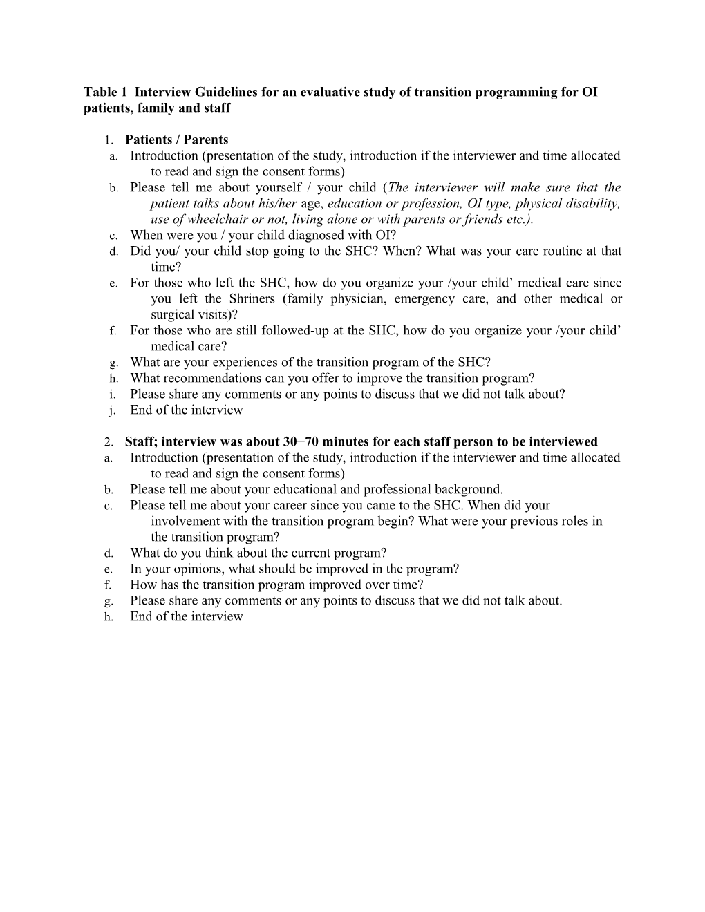 Table 1 Interview Guidelines for an Evaluative Study of Transition Programming for OI