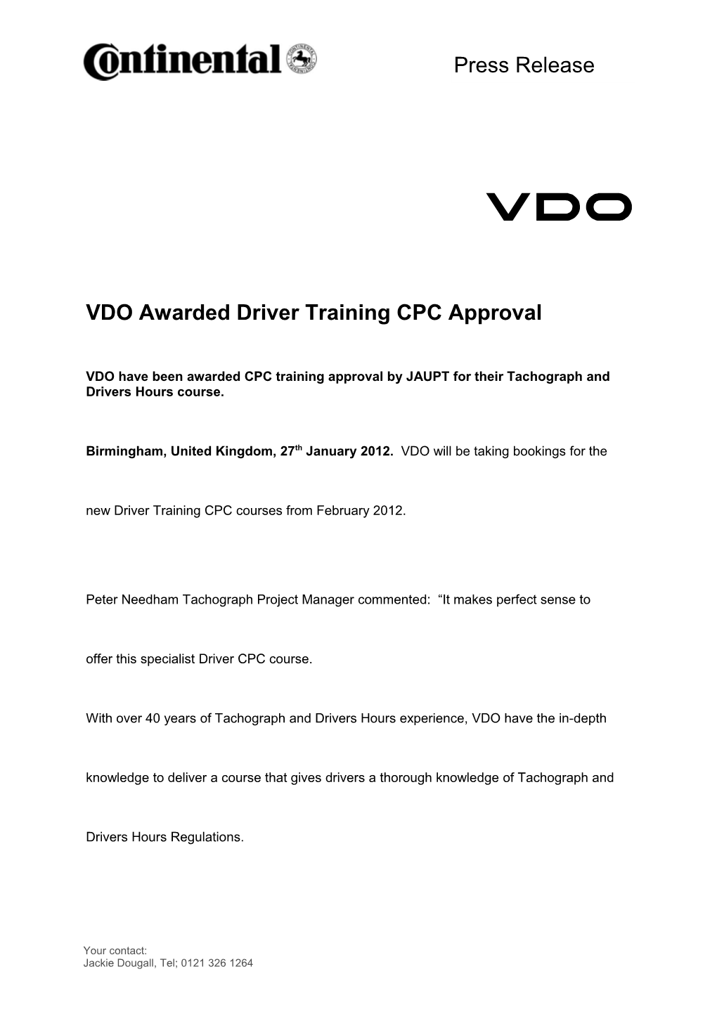 VDO Awarded Driver Training CPC Approval