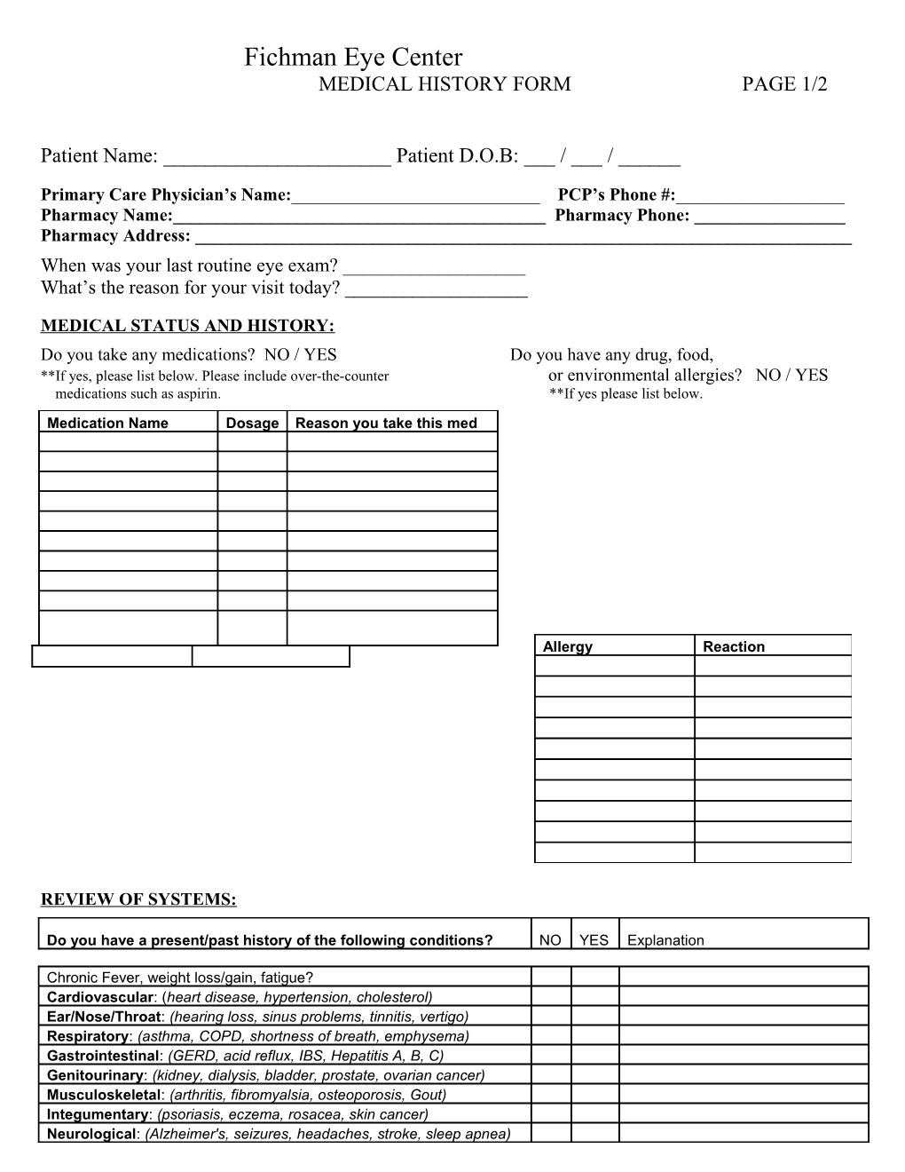 Medical History Form Page 1/2