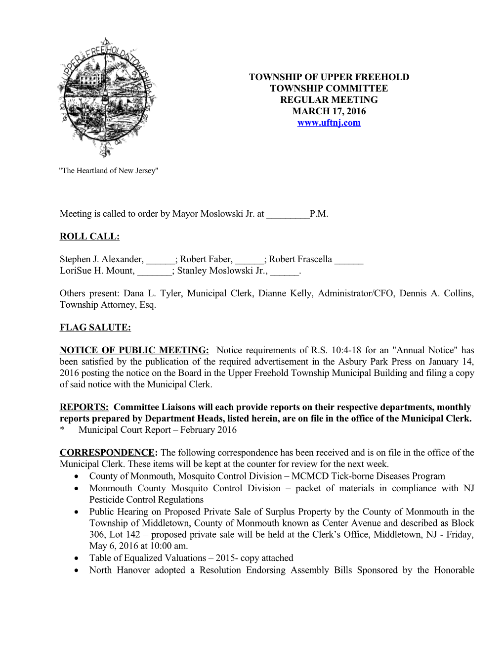 Upper Freehold Township Committee Regular Meeting March 17, 2016