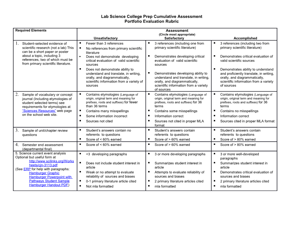 Lab Science College Prep Cumulative Assessment