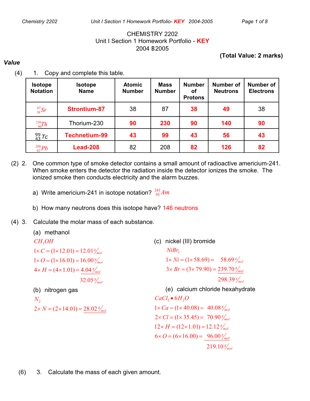 Chemistry 2202 Unit I Section 1 Homework Portfolio- KEY 2004-2005Page 1 of 8