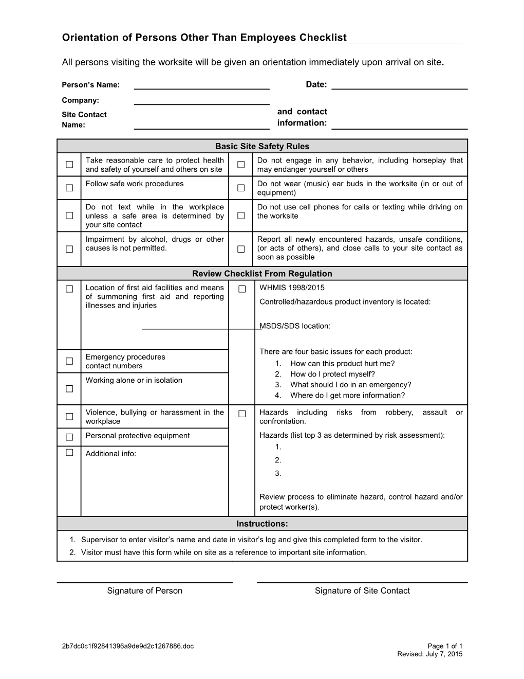 Orientation of Persons Other Than Employees Checklist