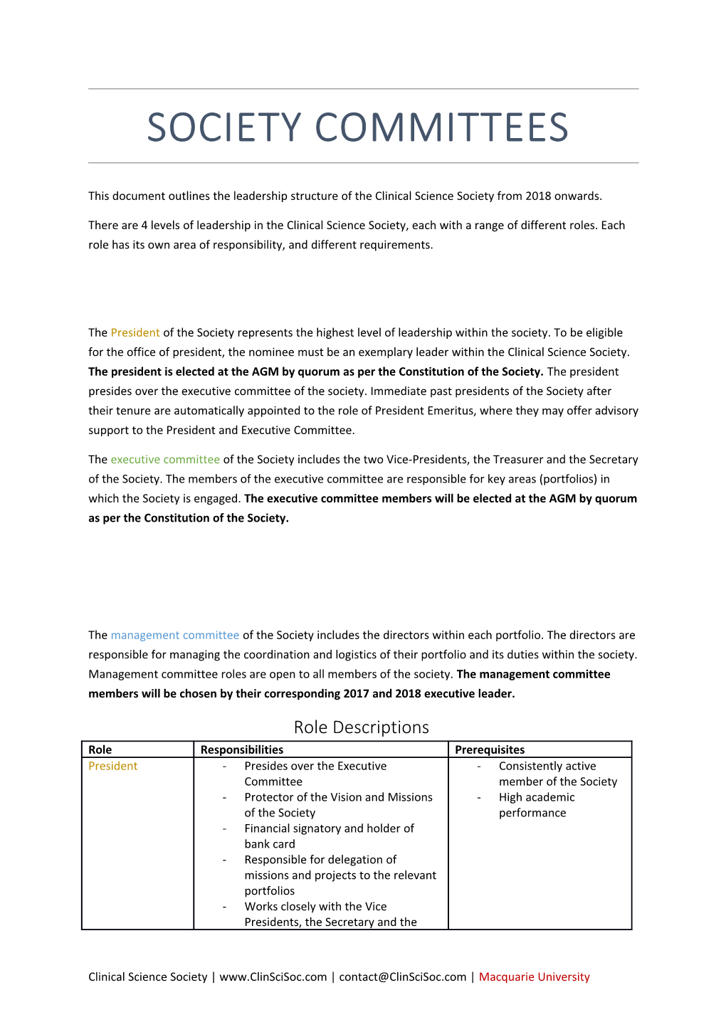 This Document Outlines the Leadership Structure of the Clinical Science Society From2018