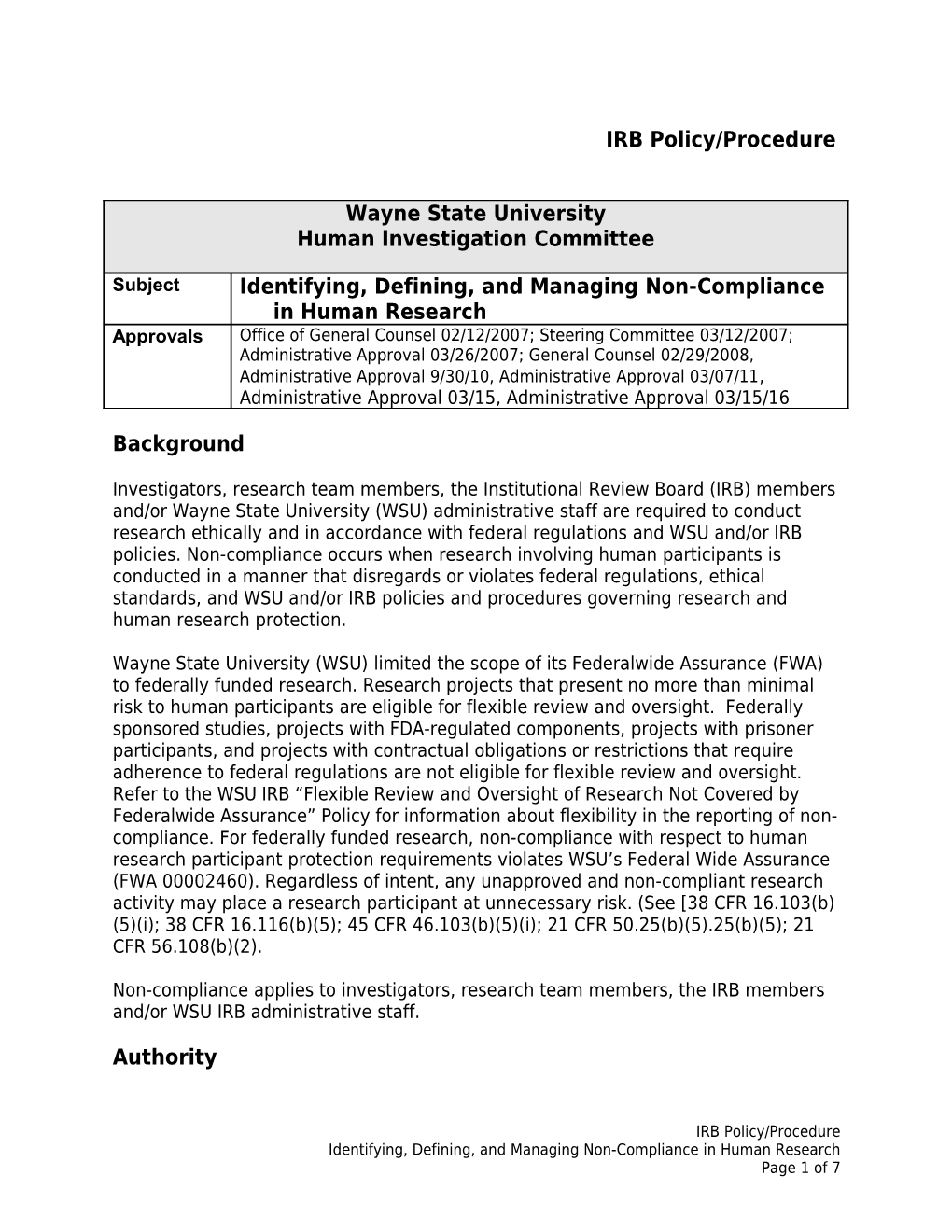 Identifying, Defining, and Managing Non-Compliance in Human Research