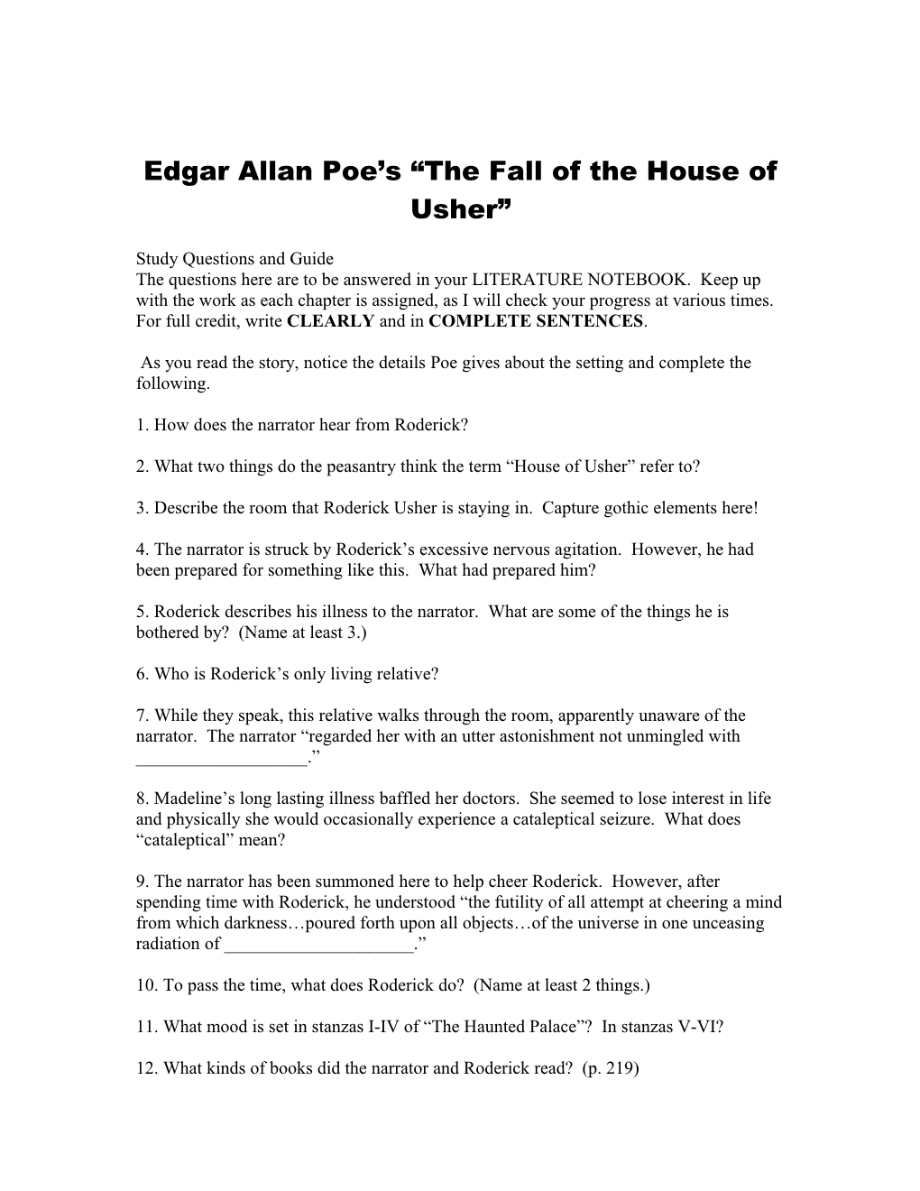 Edgar Allan Poe S the Fall of the House of Usher