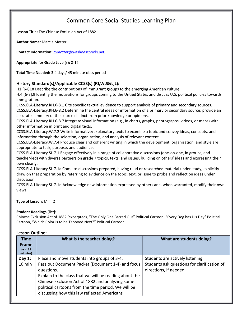 Common Core Social Studies Learning Plan