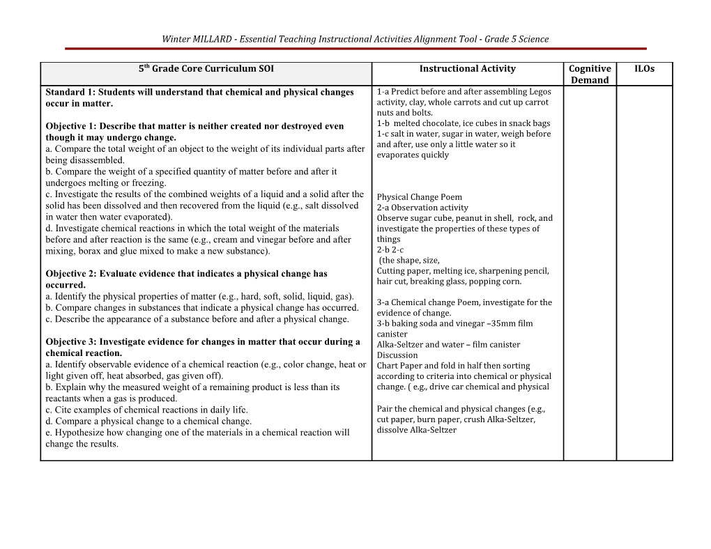Essential Teaching Instructional Activities Alignment Tool - Grade 5 Science s1