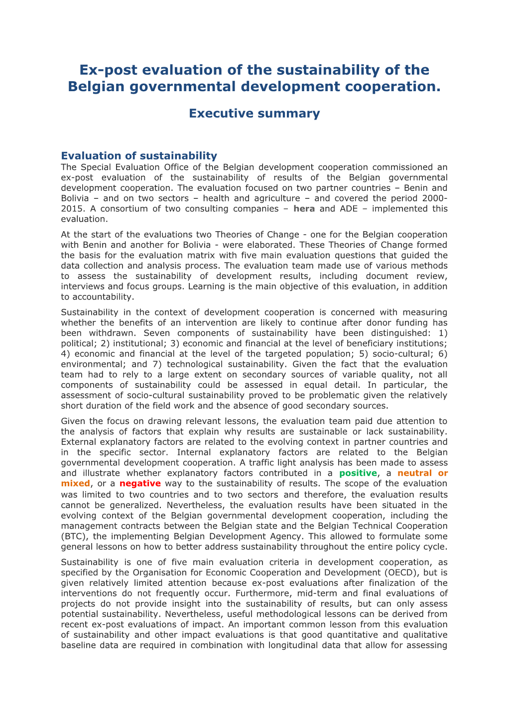 Ex-Post Evaluation of the Sustainability of the Belgian Governmental Development Cooperation