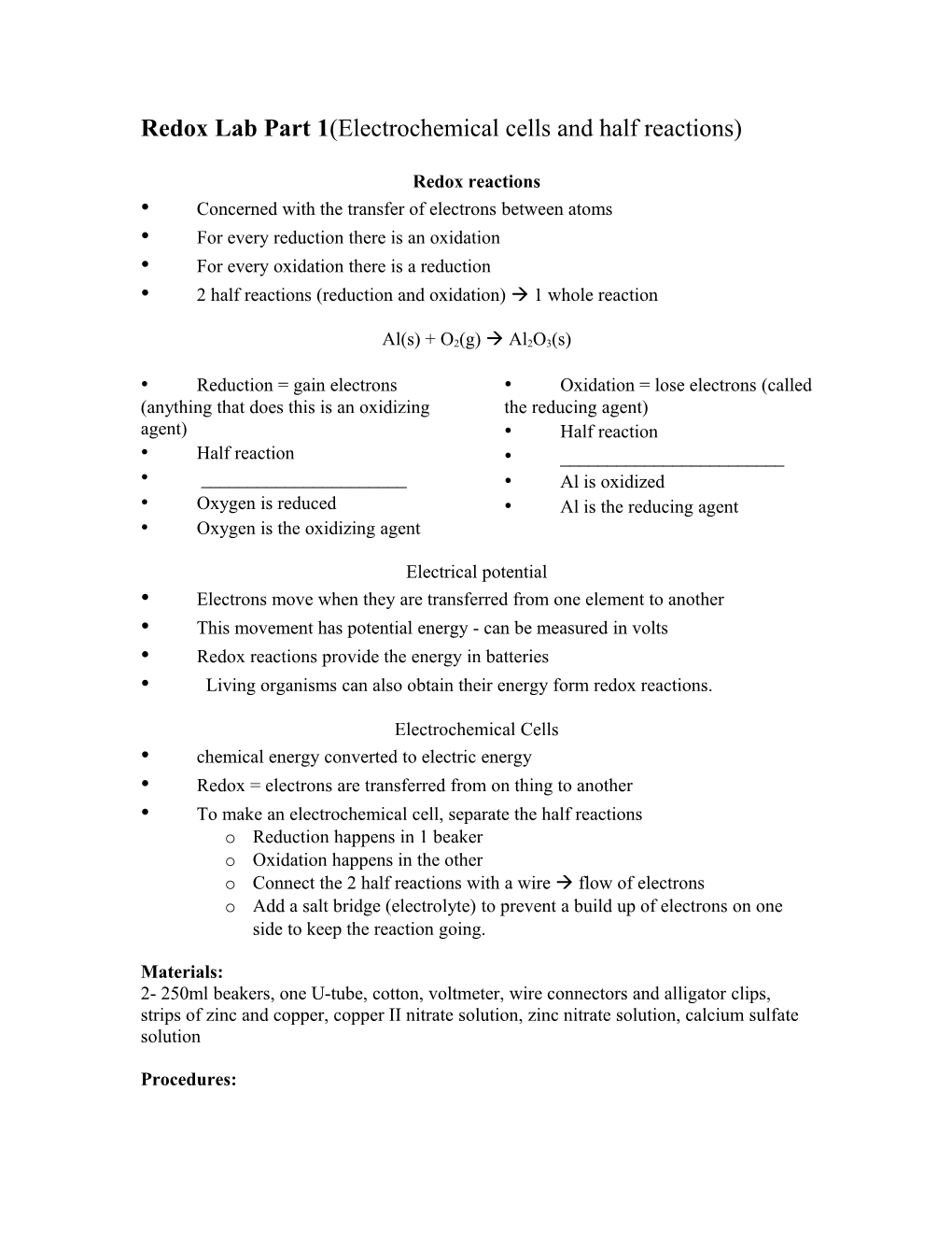 Redox Lab Part 1