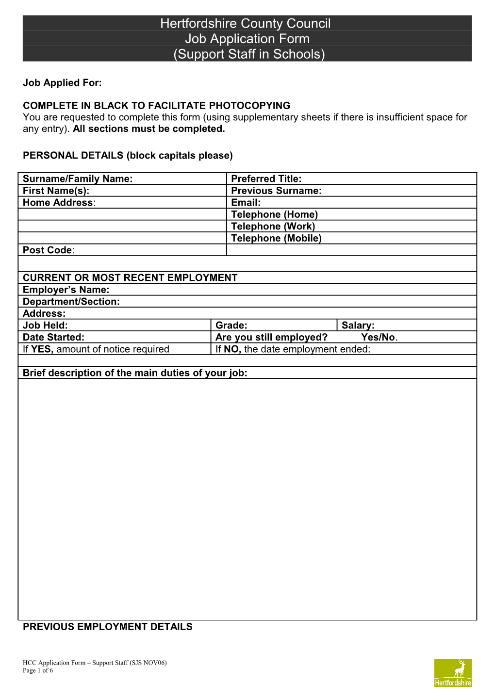 Hertfordshire County Council Job Application Form (Support Staff) s1