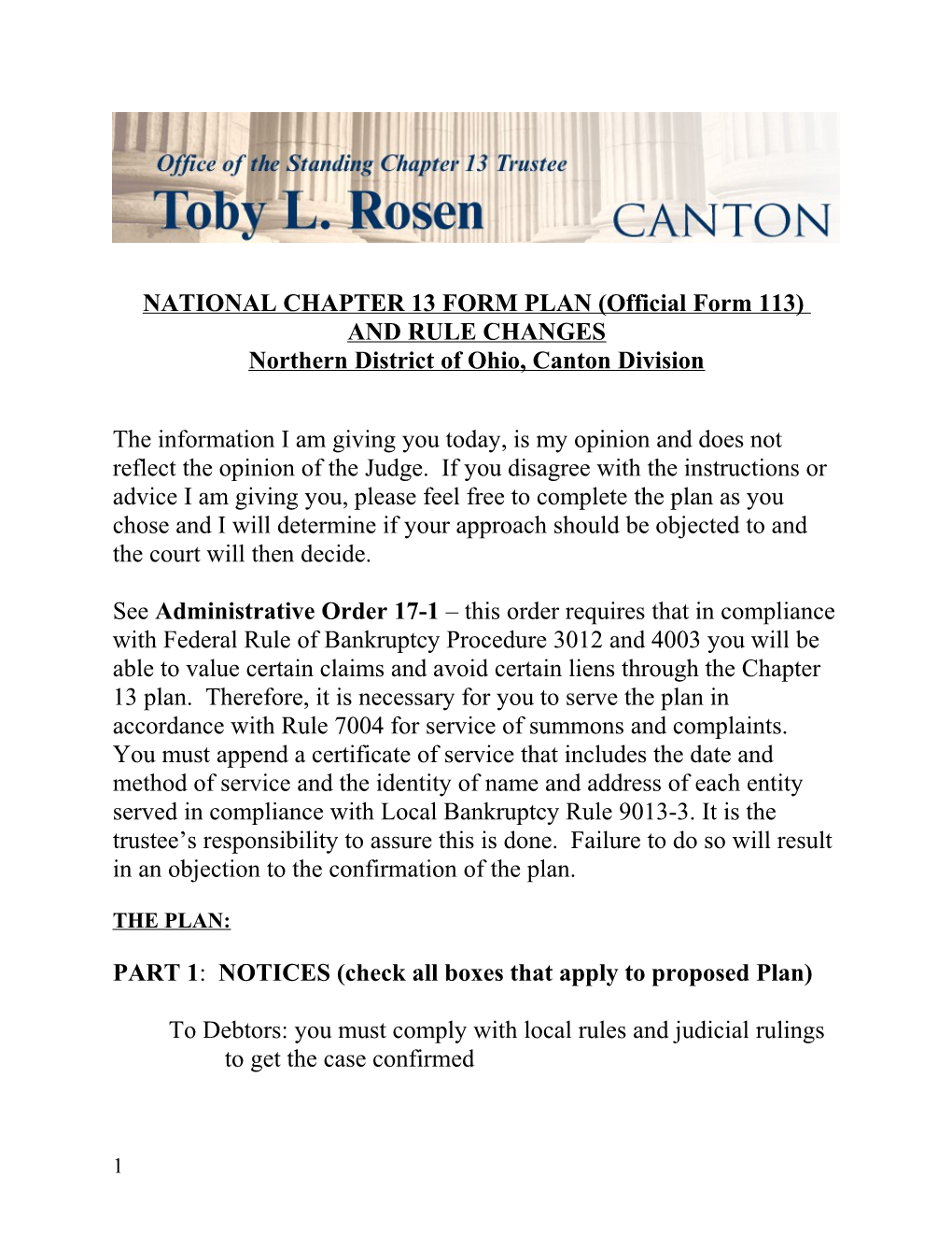 NATIONAL CHAPTER 13 FORM PLAN (Official Form 113)
