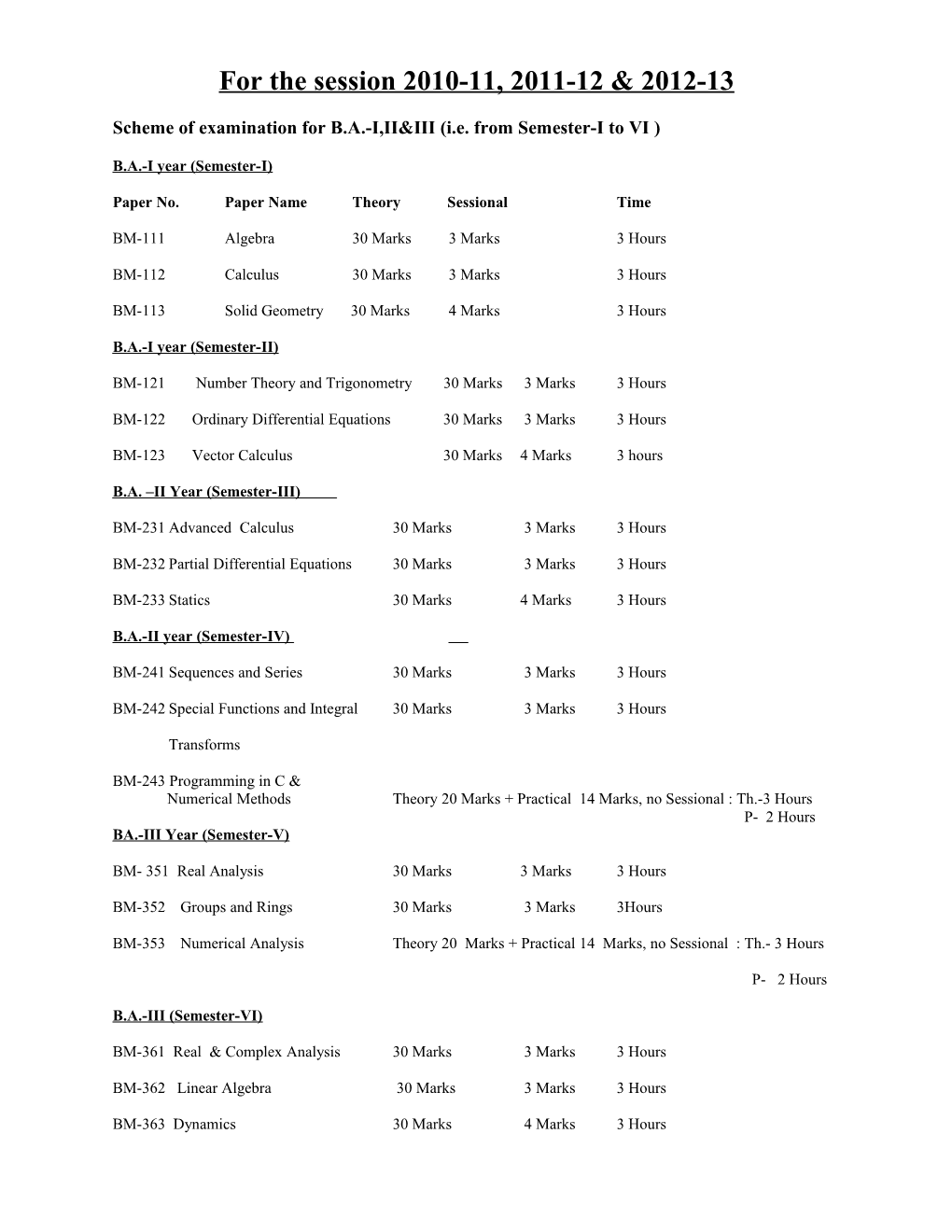 Scheme of Examination for B