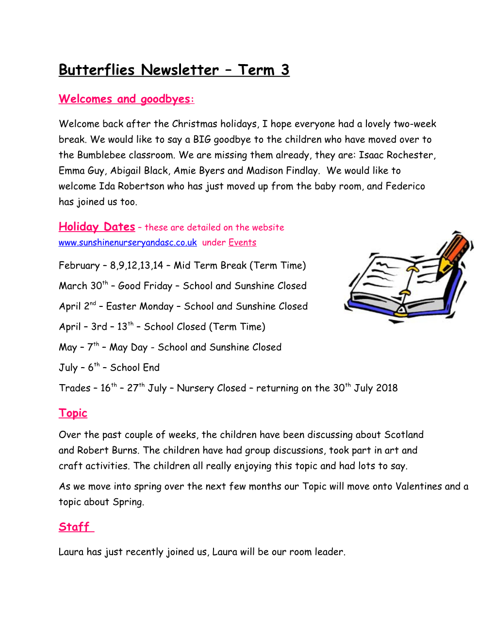 Butterflies Newsletter Term 3