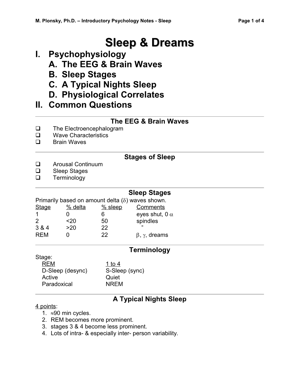 M. Plonsky, Ph.D. Introductory Psychology Notes - Sleep Page 1 of 4