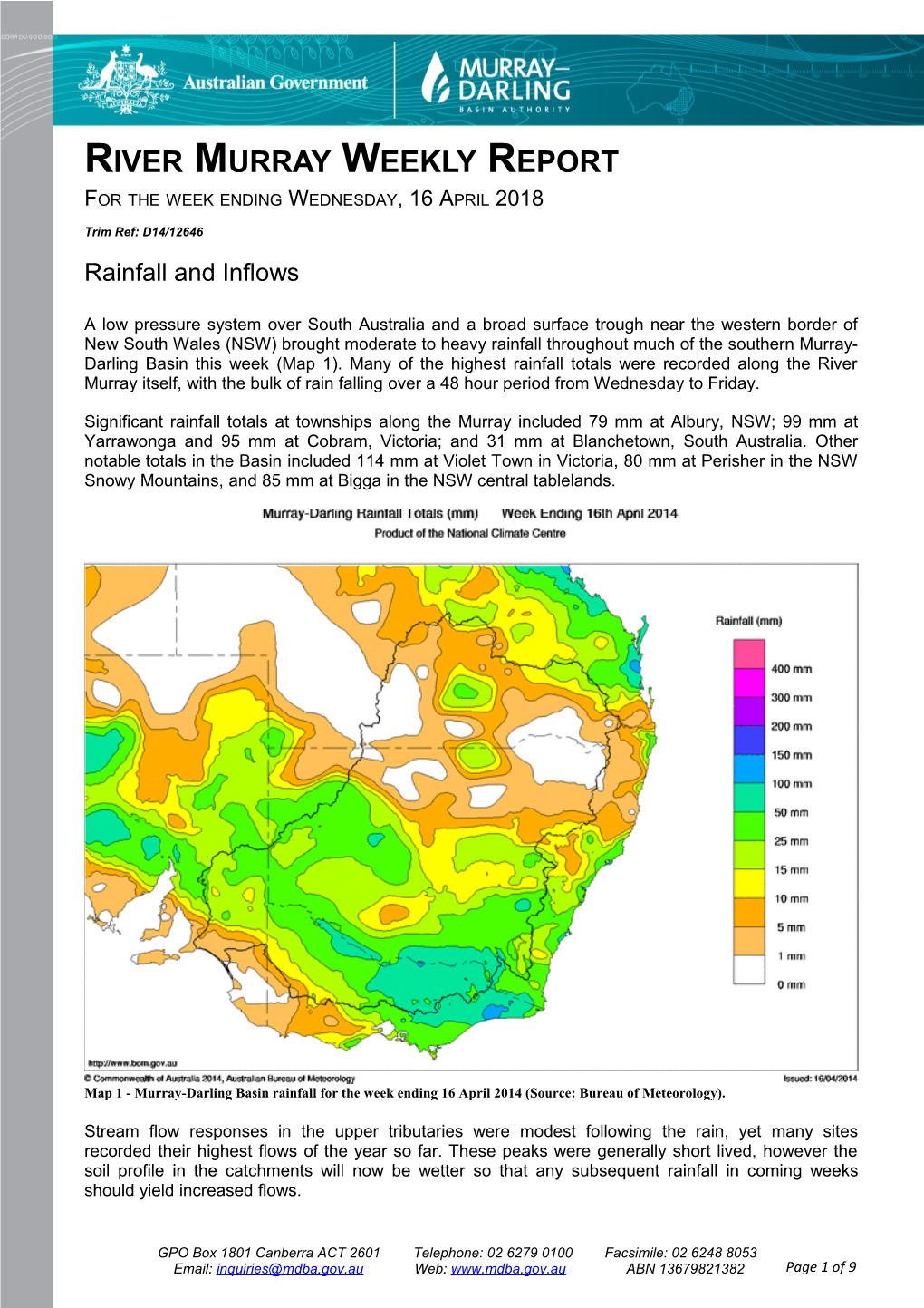 River Murray Operations Weekly Report 16 April 2014