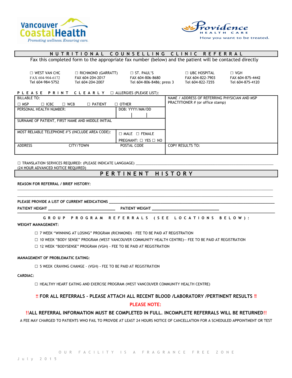 Nutritional Counselling Clinic Referral Form