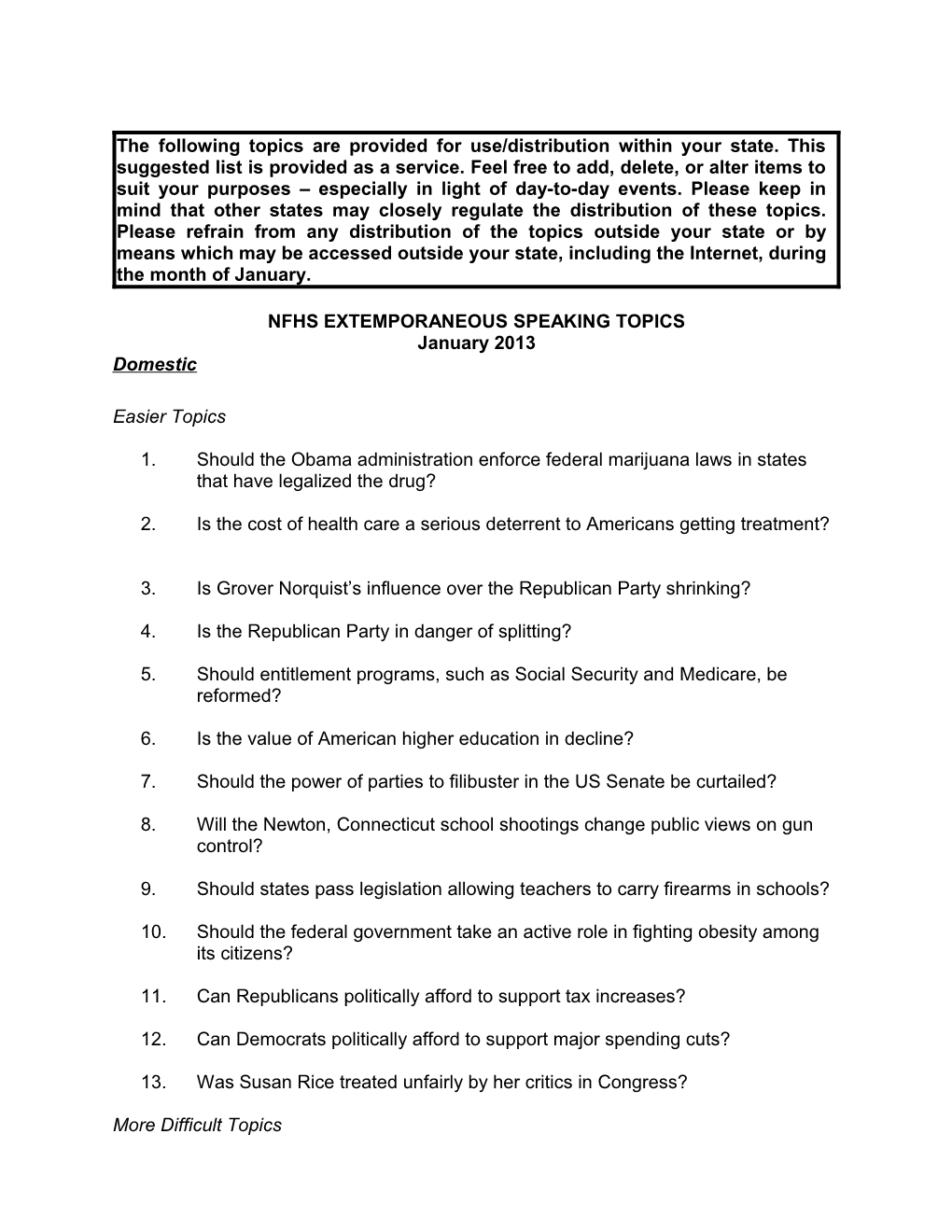 National Federation Extemporaneous Speaking Topics