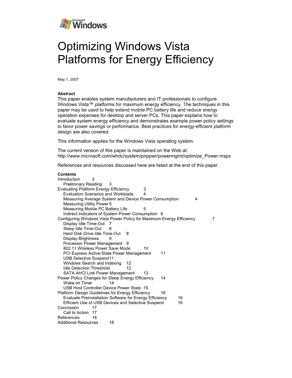 Optimizing Windows Vista Platforms for Energy Efficiency