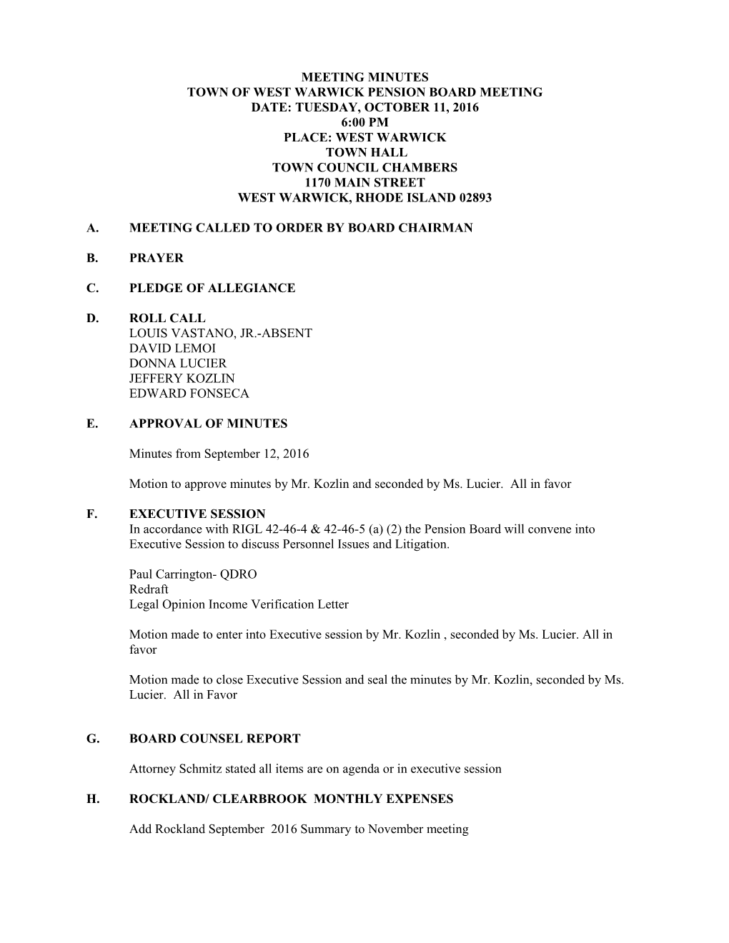 Town of West Warwick Pension Board Meeting