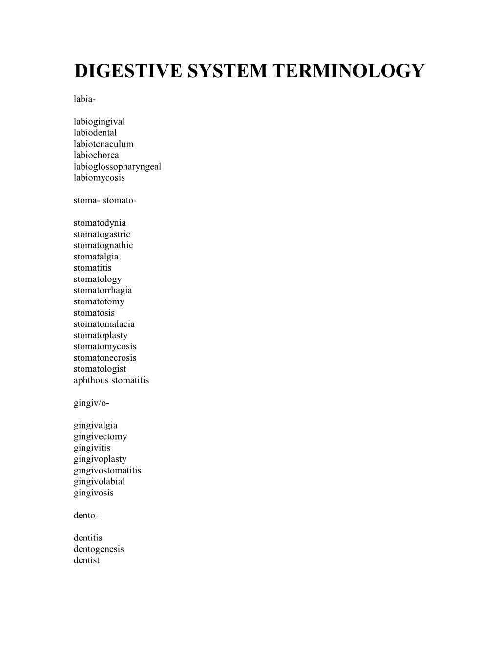 Digestive System Terminology