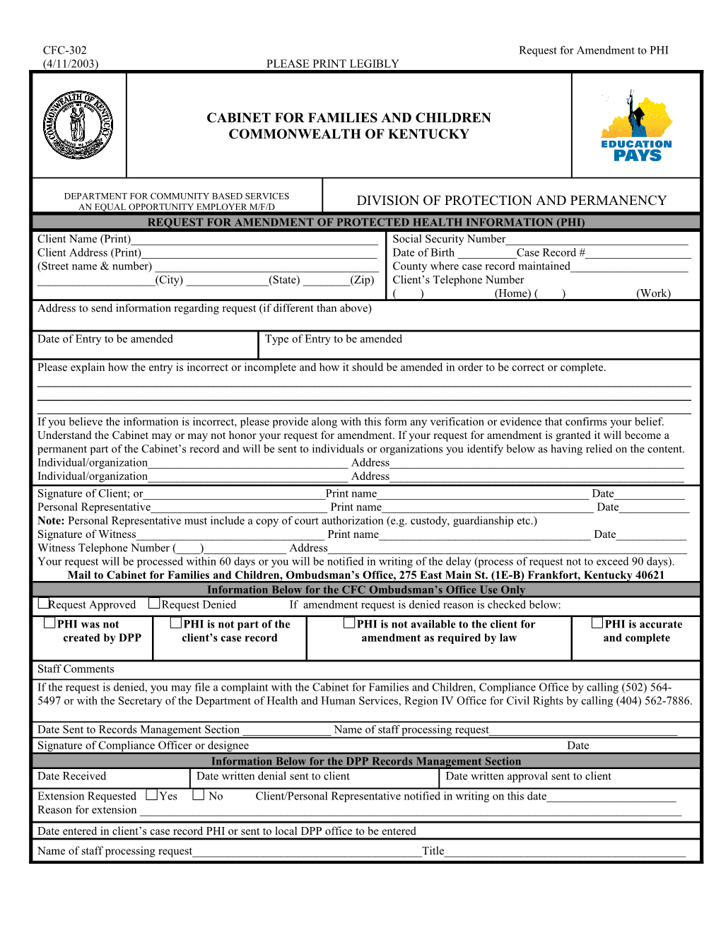 CFC-302 Request for Amendment to PHI